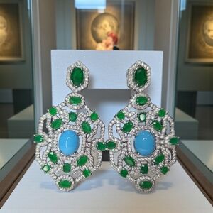 Exquisite Silver Emerald Turquoise Zircon Crystal Evening Earrings
